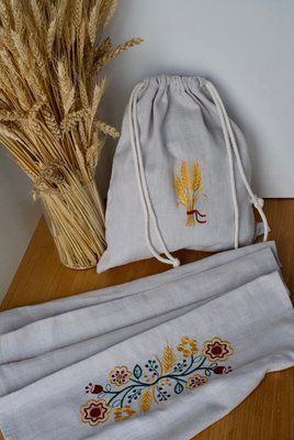 Набір лляних рушника та торбинки з жовтими колосками 0263 фото