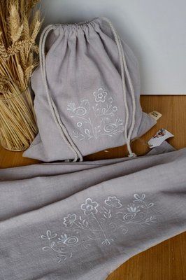 Набір лляних рушника та торбинки з курочками 0264 фото